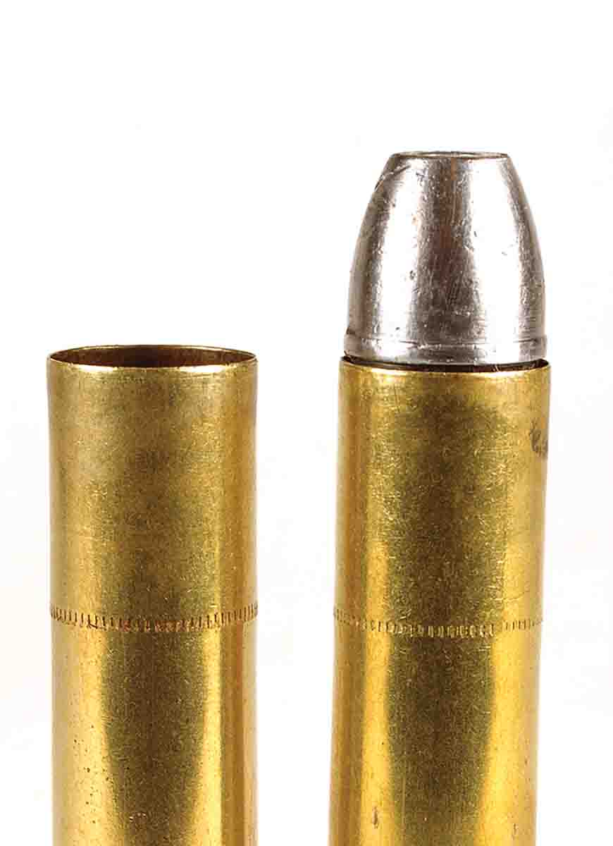 A slight bell to the mouth of .45-70 cases (left) prevents shaving the soft heel of the Gould’s bullet. Trimming cases to the same length placed an exact amount of crimp on the bullets.